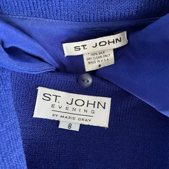 ST JOHN Evening Size 8 Royal Blue Santana Knit Blazer Jacket Removable Collar - Picture 11 of 11